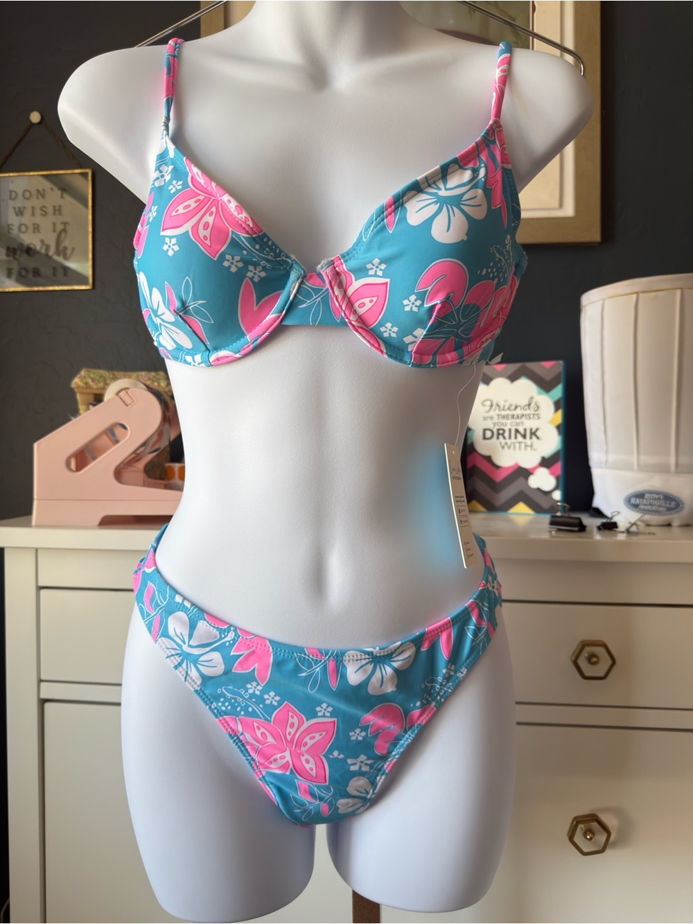 Cupshe Teal and Pink Floral Underwire Bikini